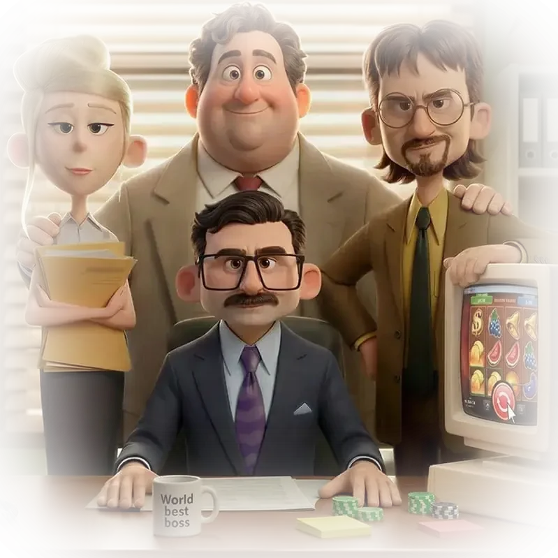 Het SpinBoss-team rond een bureau met een gokkast